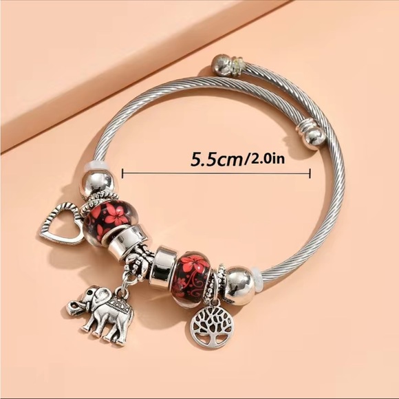 Boho Silver and Red Bangle Charm Bracelet - Picture 2 of 6